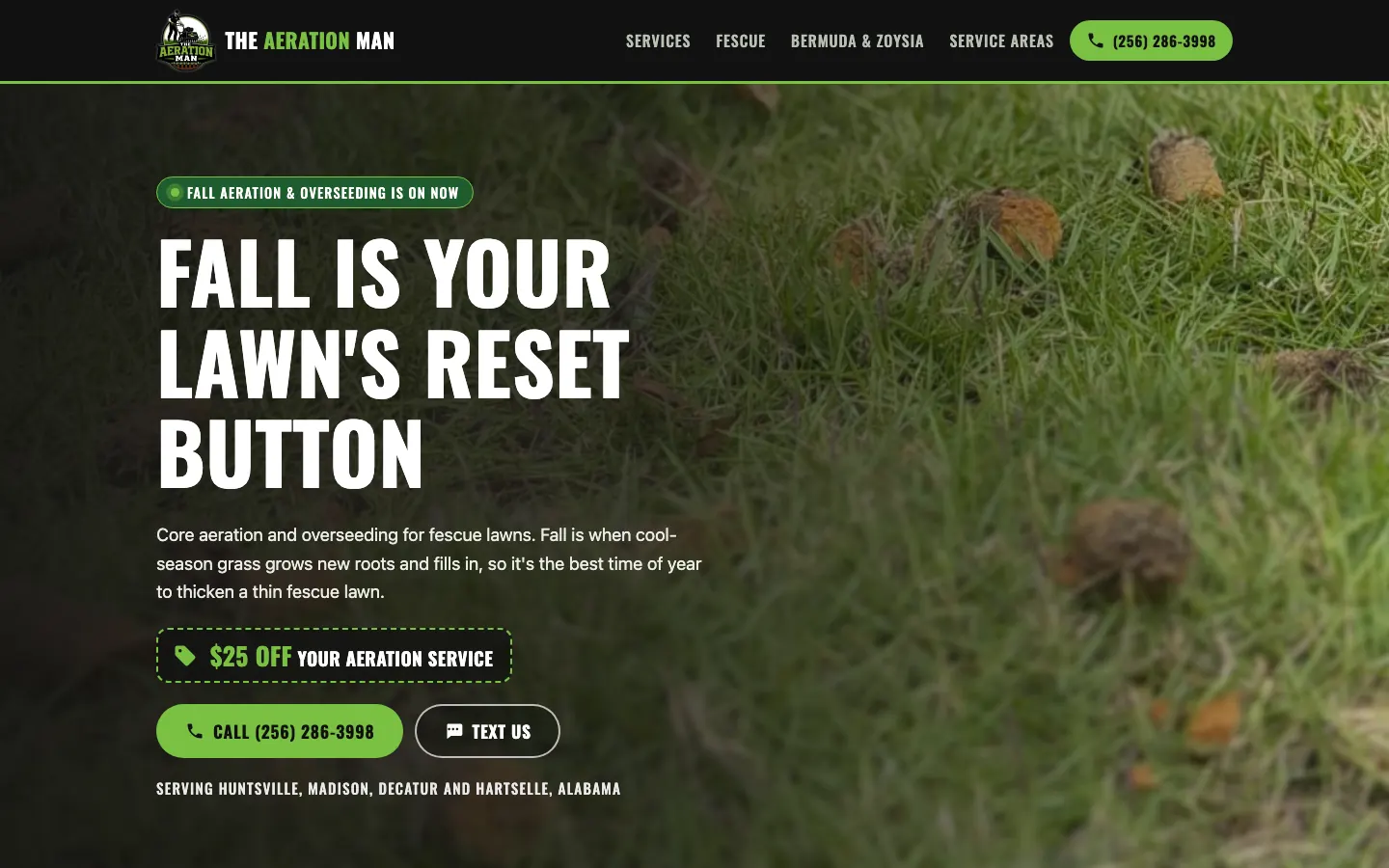 The Aeration Man homepage: their logo and menu above a close photo of soil plugs pulled from a lawn, under the headline "Fall is your lawn's reset button", with Call and Text buttons.