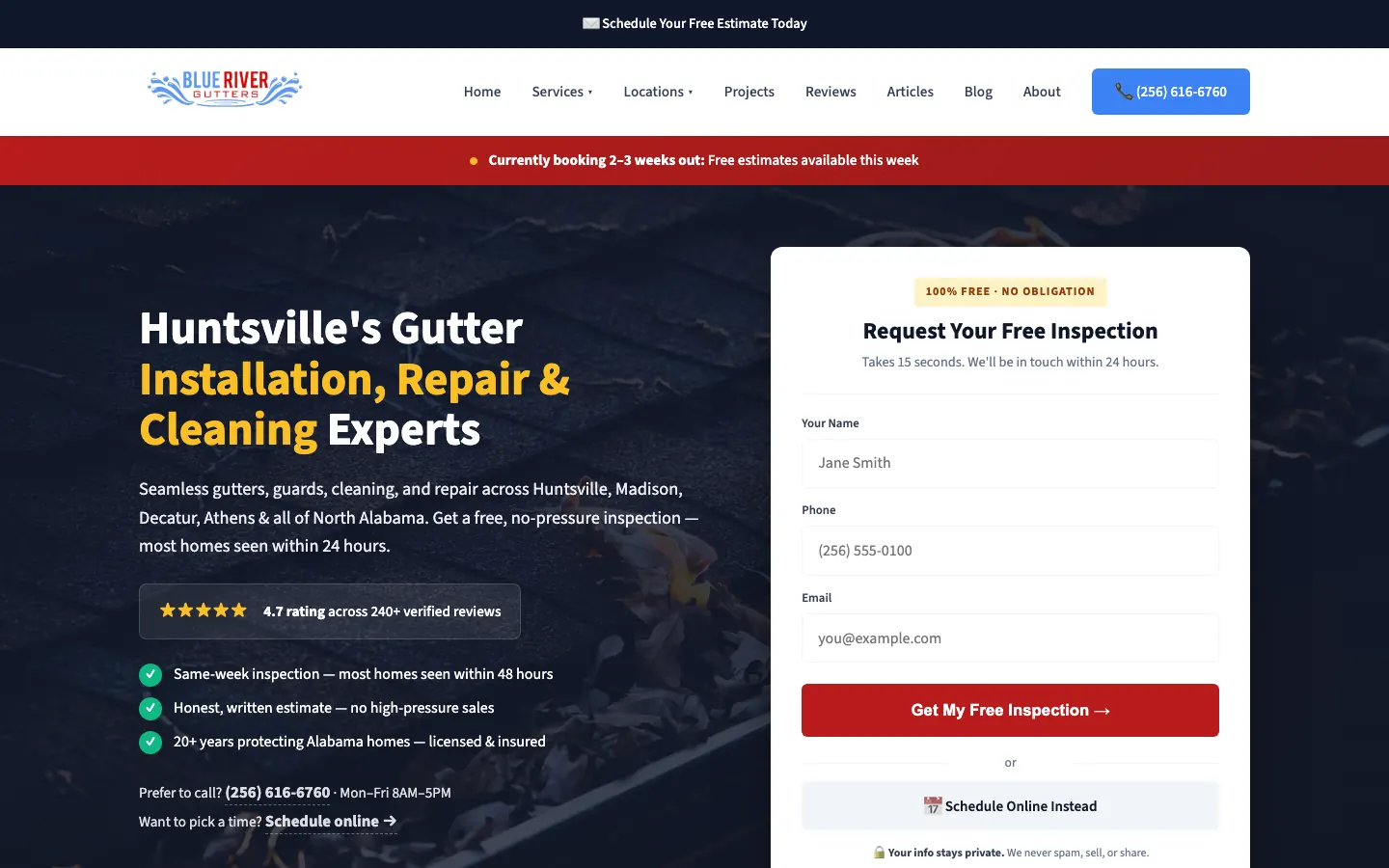 The Blue River Gutters homepage: a headline offering gutter installation, repair and cleaning in Huntsville beside a short free-inspection form.