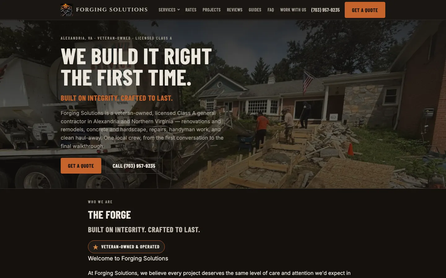 The Forging Solutions homepage: a dark header and a photo of a crew forming concrete steps outside a brick house, under the headline "We build it right the first time."