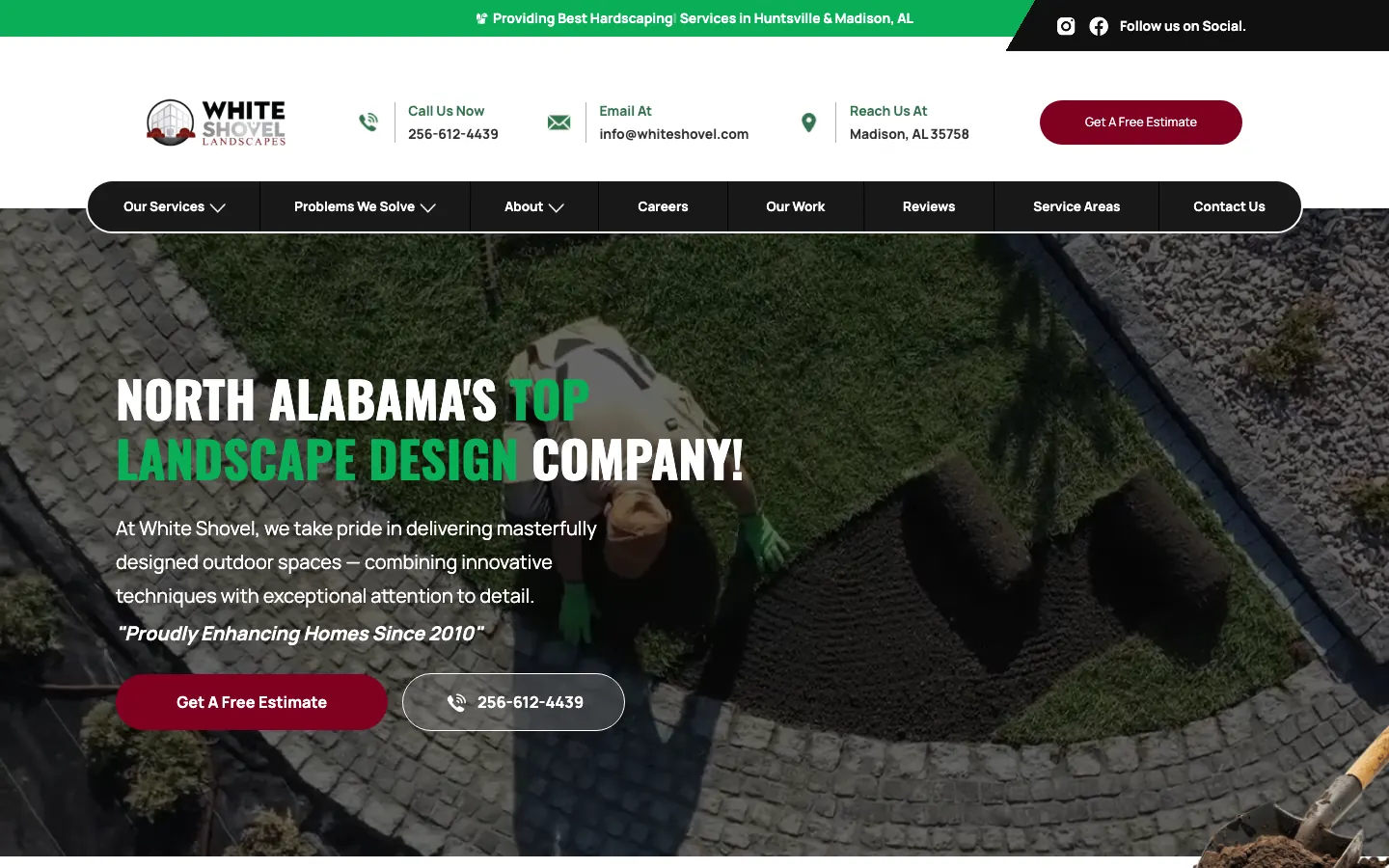 The White Shovel Landscapes homepage: their logo and contact details above a dark photo of a crew laying sod, under the headline "North Alabama's top landscape design company".